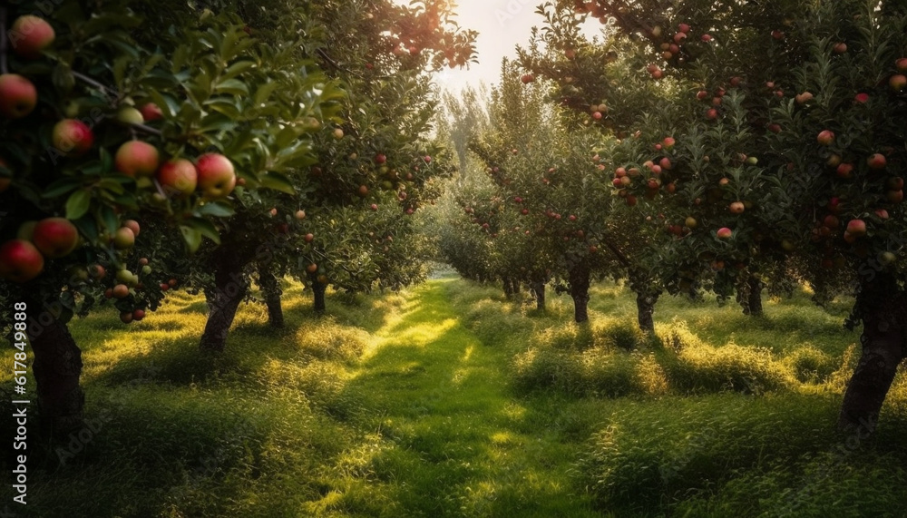 Green apple tree in a rural orchard, ripe for harvesting generated by AI