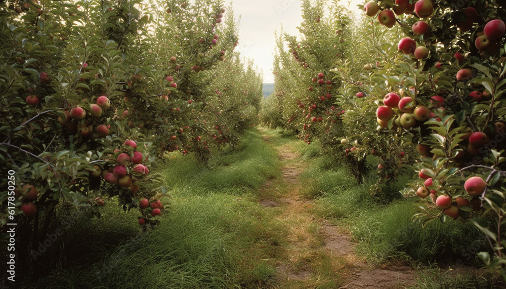 Ripe apples on green tree branch in organic apple orchard generated by AI