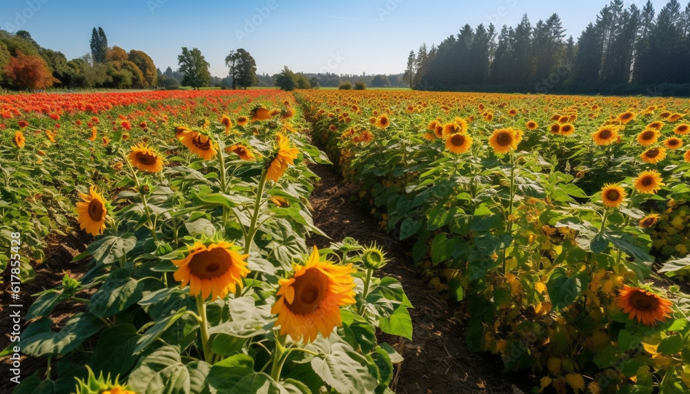 A vibrant sunflower meadow in a rural landscape at sunset generated by AI