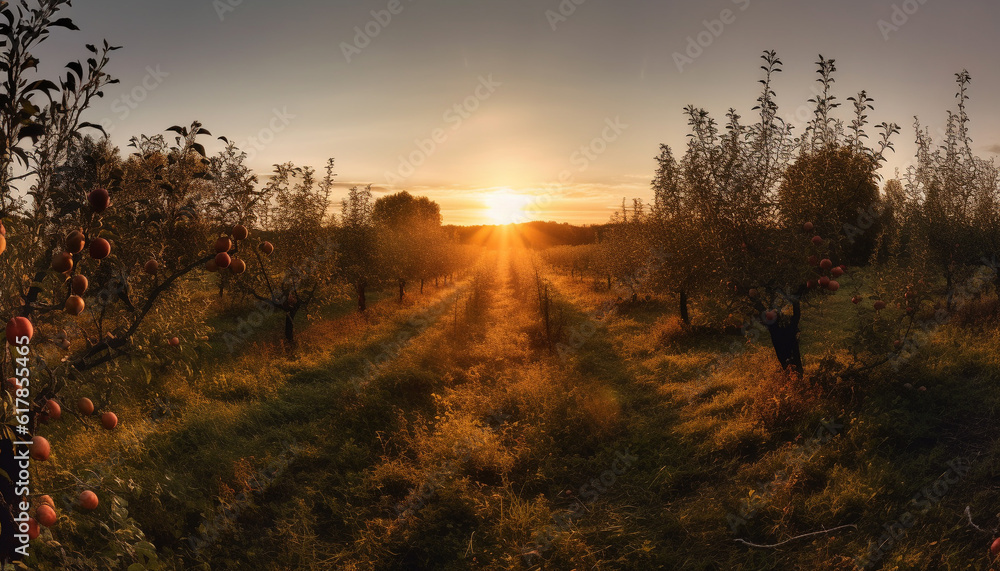 Tranquil sunset over organic apple orchard, ripe fruit backlit by sun generated by AI