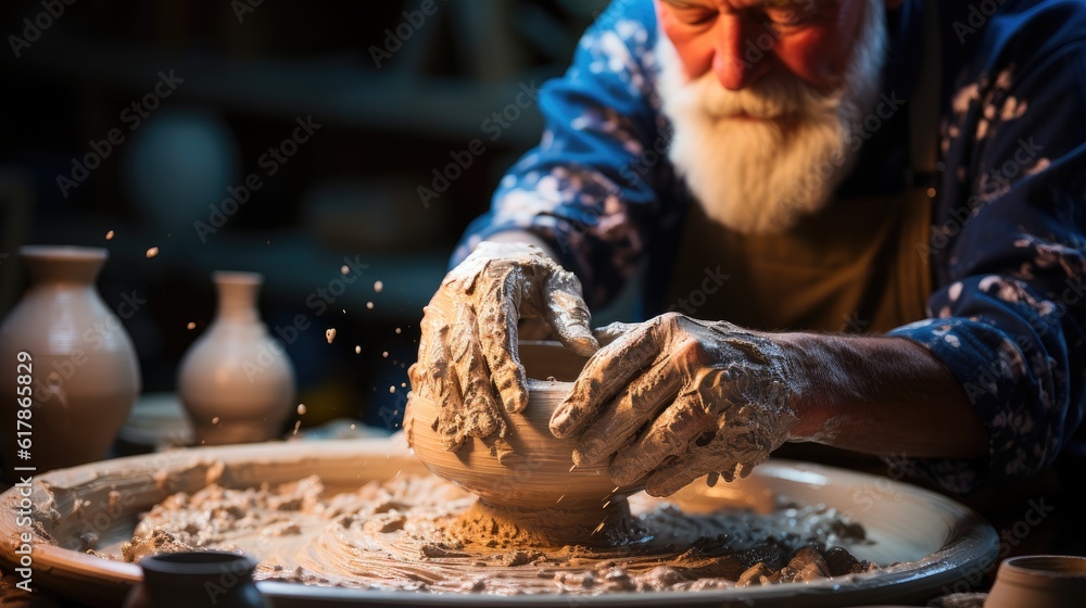 Potters hands doing pottery, Workshop for manufacturing potters products, Concept handmade, worksh