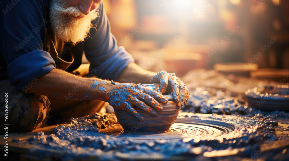 Potters hands doing pottery, Workshop for manufacturing potters products, Concept handmade, worksh