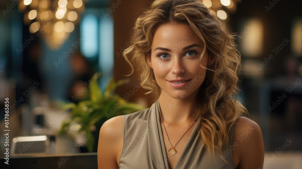 Portrait of female receptionist working in hotel, Receptionist at desk in lobby.