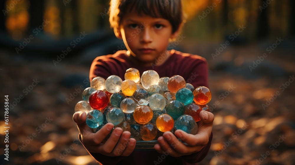 Childs hands full of plastic, Hands of young boy holding a bunch of plastic ready to recycle and be