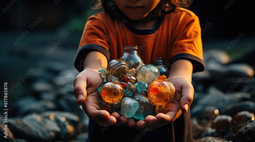 Childs hands full of plastic, Hands of young boy holding a bunch of plastic ready to recycle and be