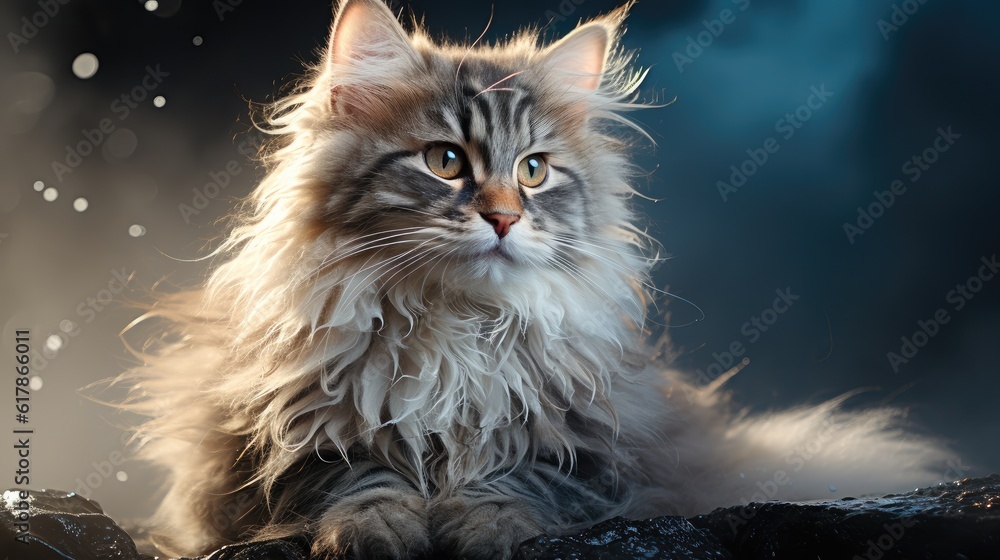 Cute long haired cat, Siberian furry.