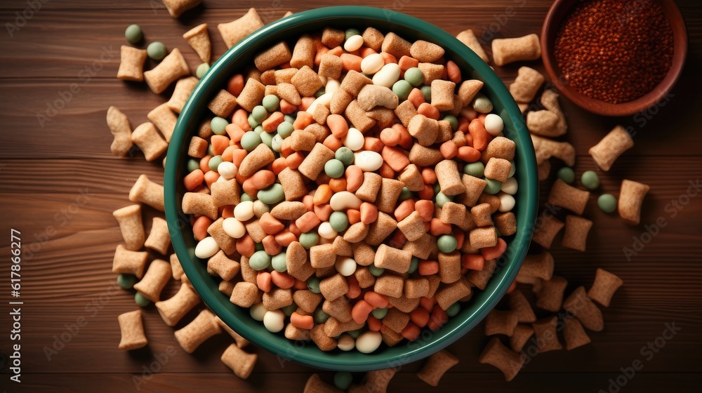 Dry dog food in feeding bowl.