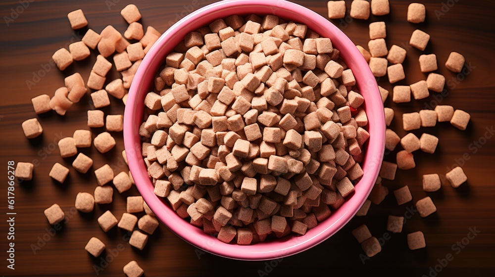 Dry dog food in feeding bowl.