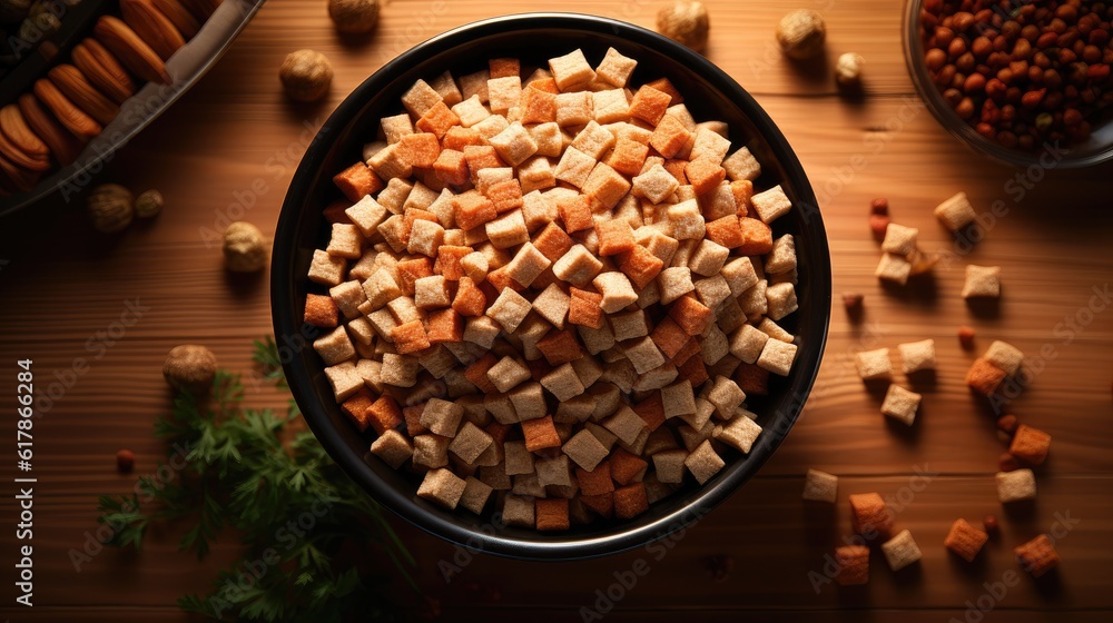 Dry dog food in feeding bowl.