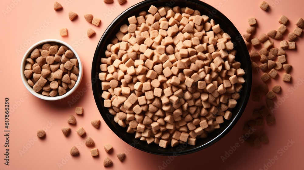 Dry dog food in feeding bowl.