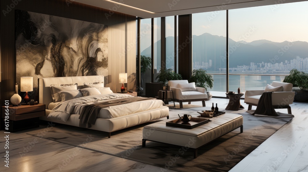 Luxury modern apartment bedroom with city sky view, A room with a view of the city from the bed.