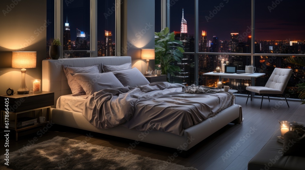 Luxury modern apartment bedroom with city sky view, A room with a view of the city from the bed.