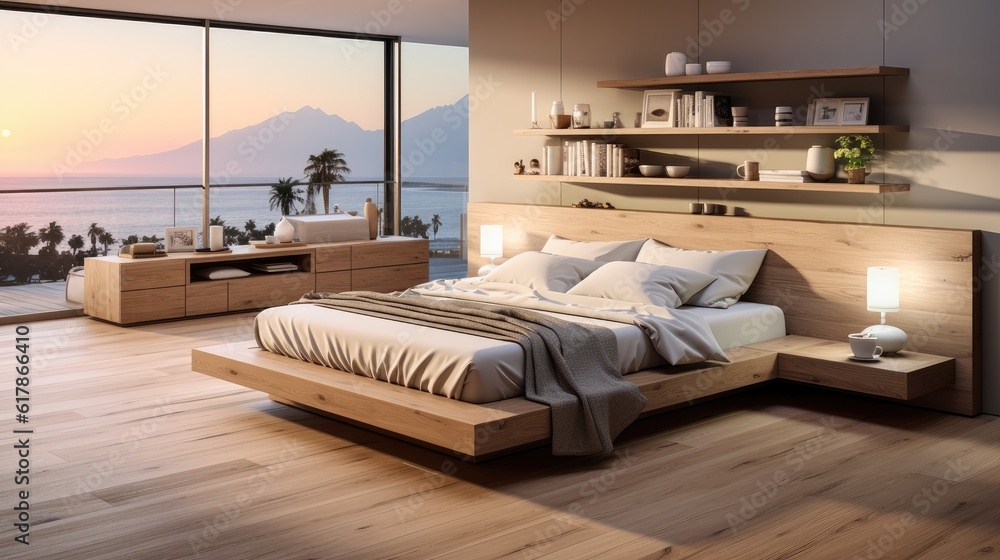 Bedroom with a view of the city outside of the window, Interior of a modern apartment bedroom.