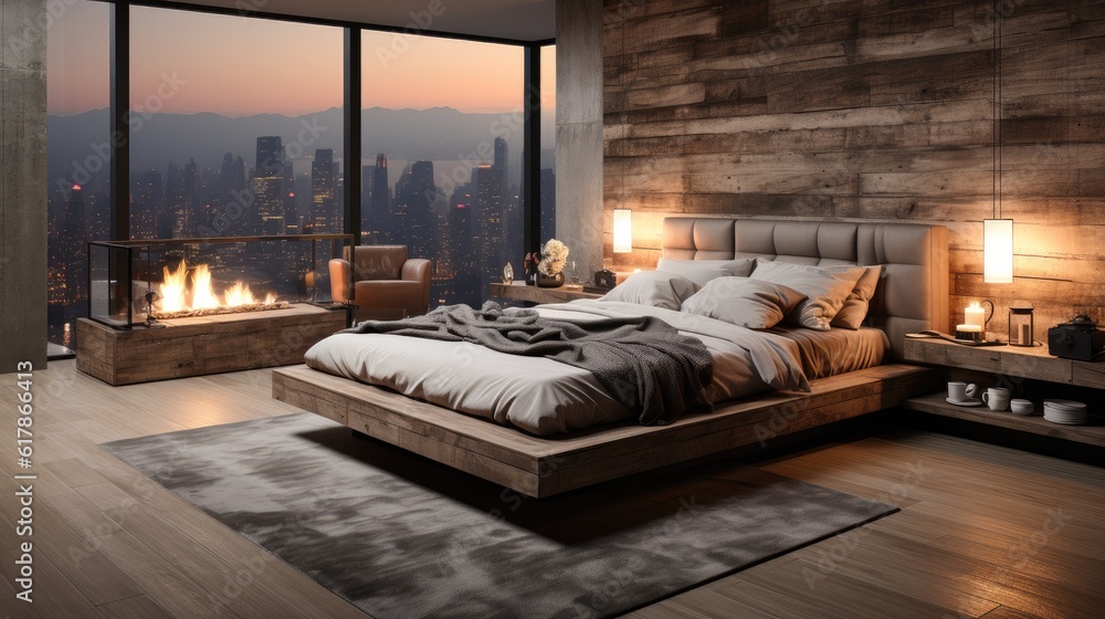 Bedroom with a view of the city outside of the window, Interior of a modern apartment bedroom.