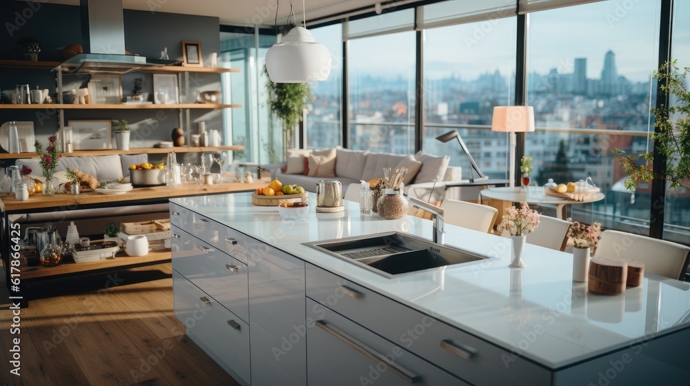 Modern apartment kitchen room in new luxury home.