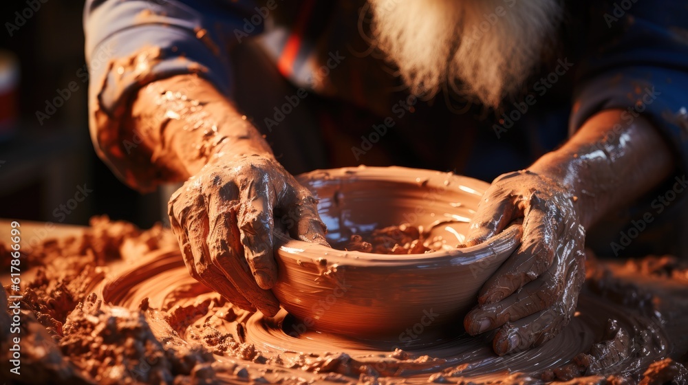 Potters hands doing pottery, Workshop for manufacturing potters products, Concept handmade, worksh