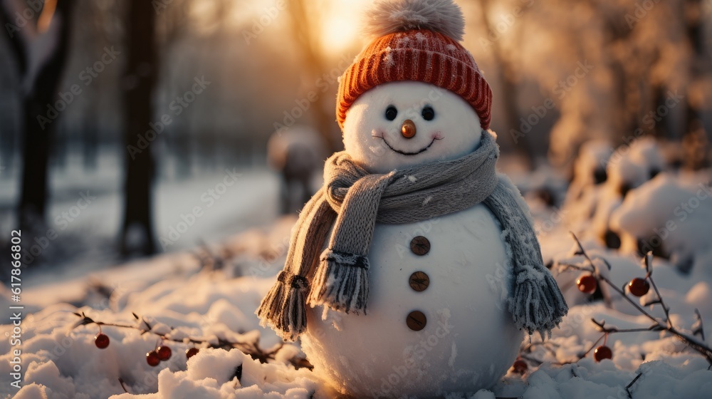 Snowman on winter background, Merry Christmas, Christmas Card.