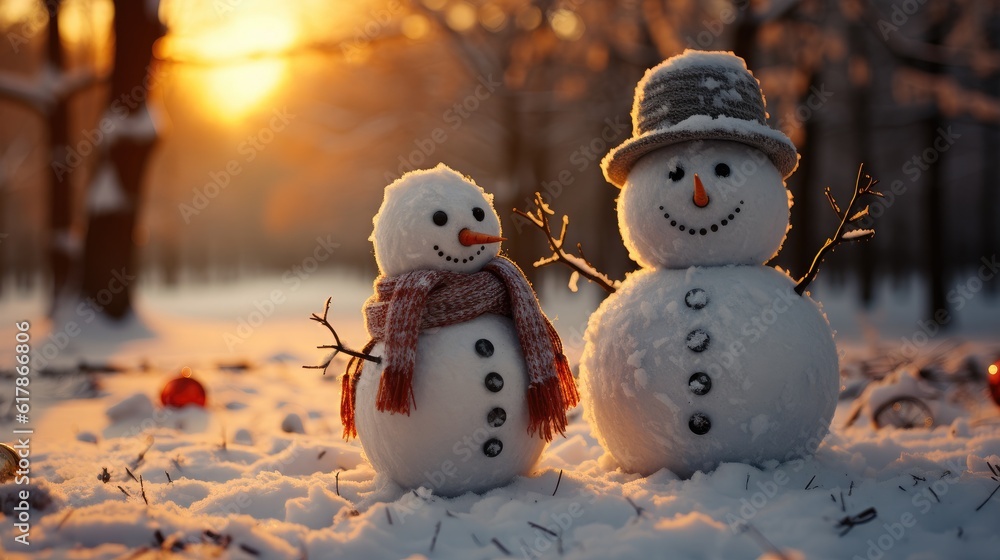 Snowman on winter background, Merry Christmas, Christmas Card.