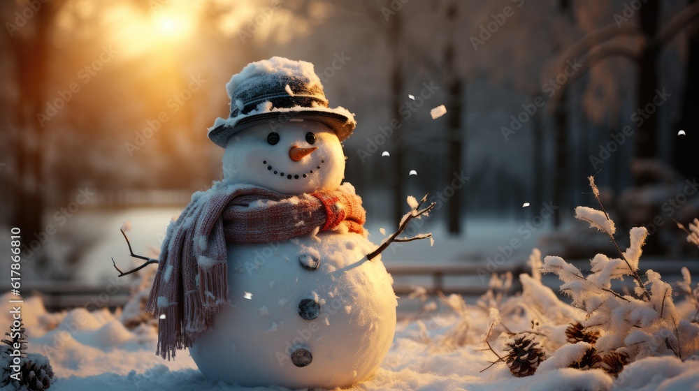 Snowman on winter background, Merry Christmas, Christmas Card.