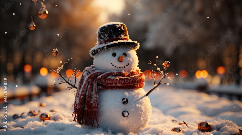 Snowman on winter background, Merry Christmas, Christmas Card.