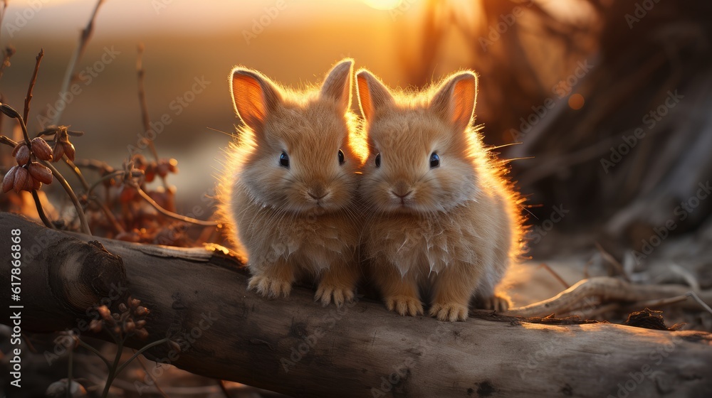 Rabbit, Two bunnies nuzzling each other at nature.