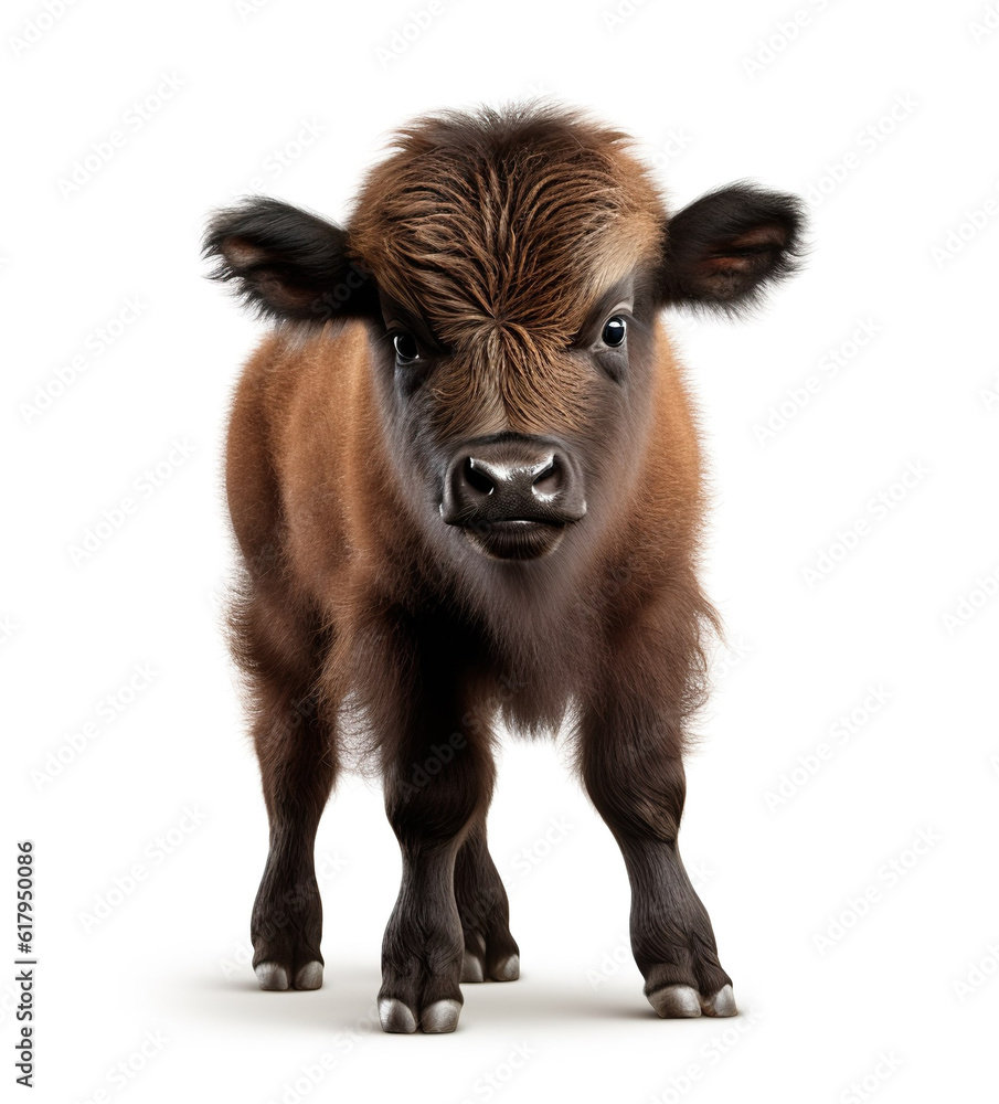 Cute little buffalo baby bison newborn realistic photo generative AI illustration isolated on white 