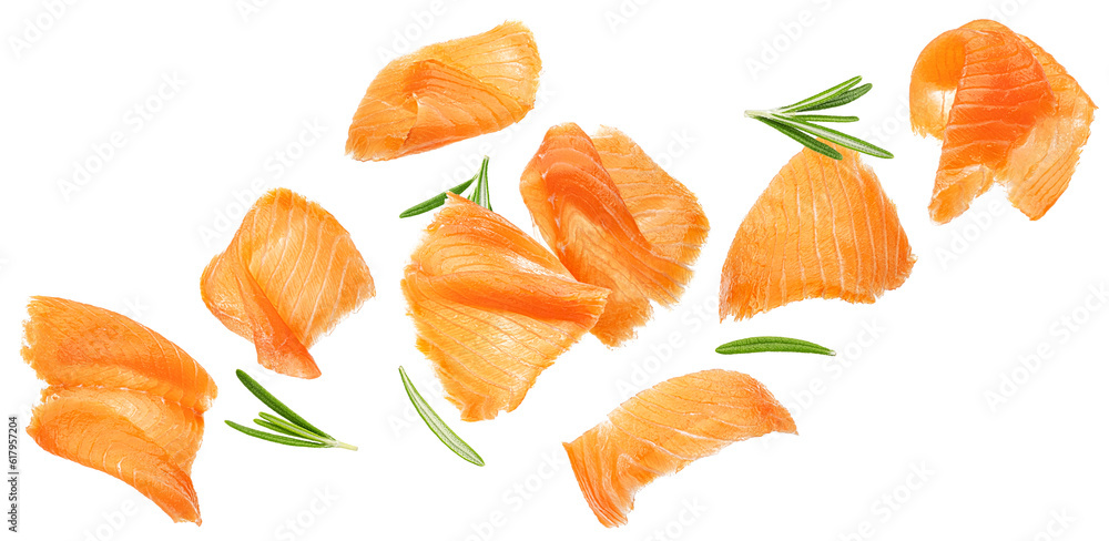 Falling salmon slices isolated isolated on white background