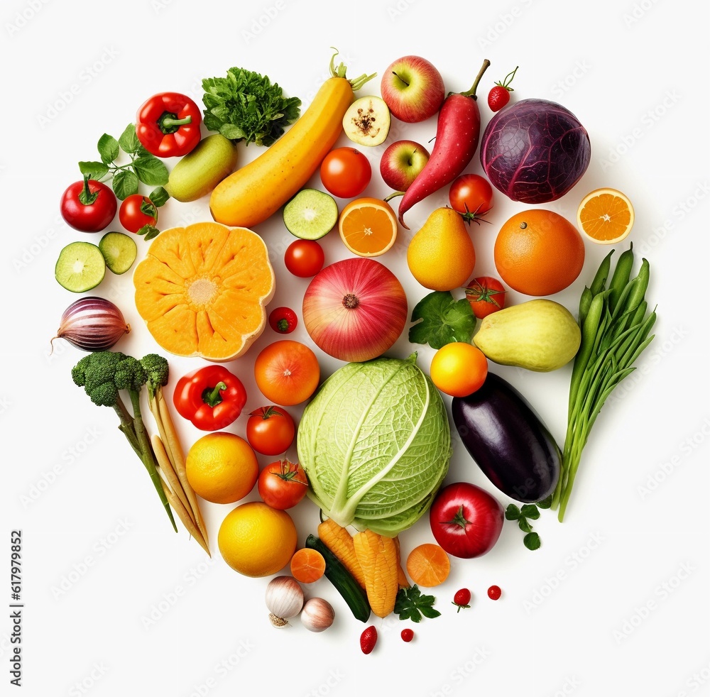 set of different fruits and vegetables on white background