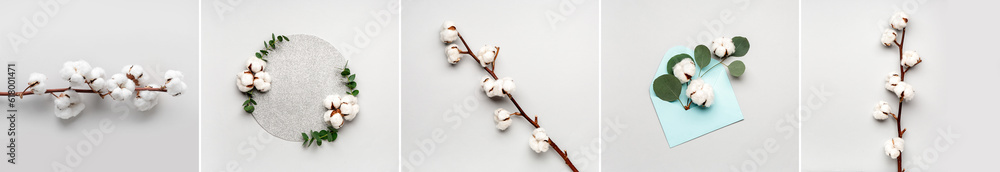 Collage of soft cotton flowers on light background