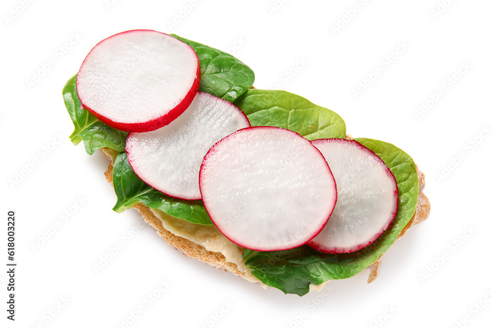 Delicious bruschetta with radish and spinach isolated on white background