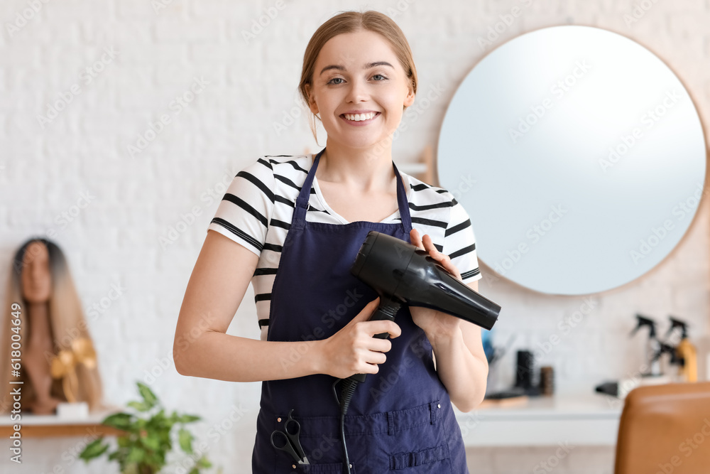 Female hairdresser with dryer in beauty salon