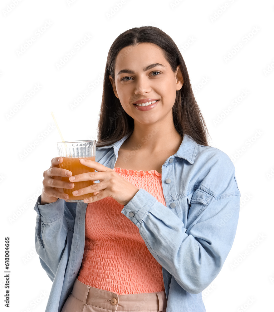 Young woman with glass of vegetable juice on white background