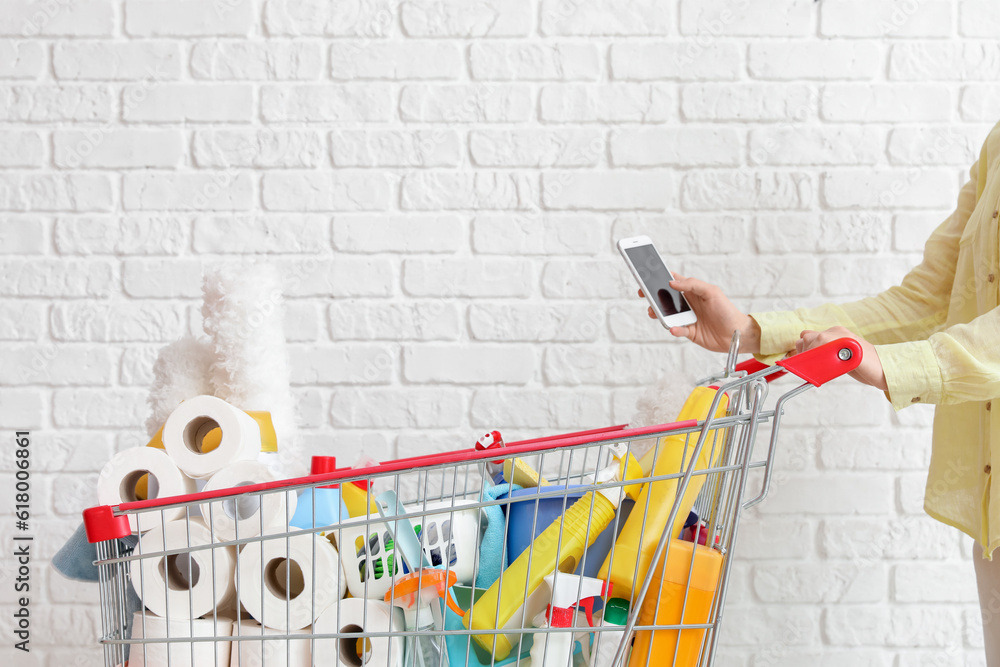 Woman with shopping cart full of cleaning supplies and phone near brick wall