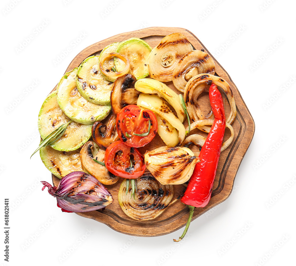 Wooden board with different tasty grilled vegetables on white background