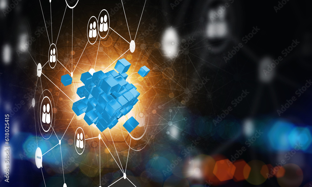 Concept of Internet and networking with digital cube figure on dark background