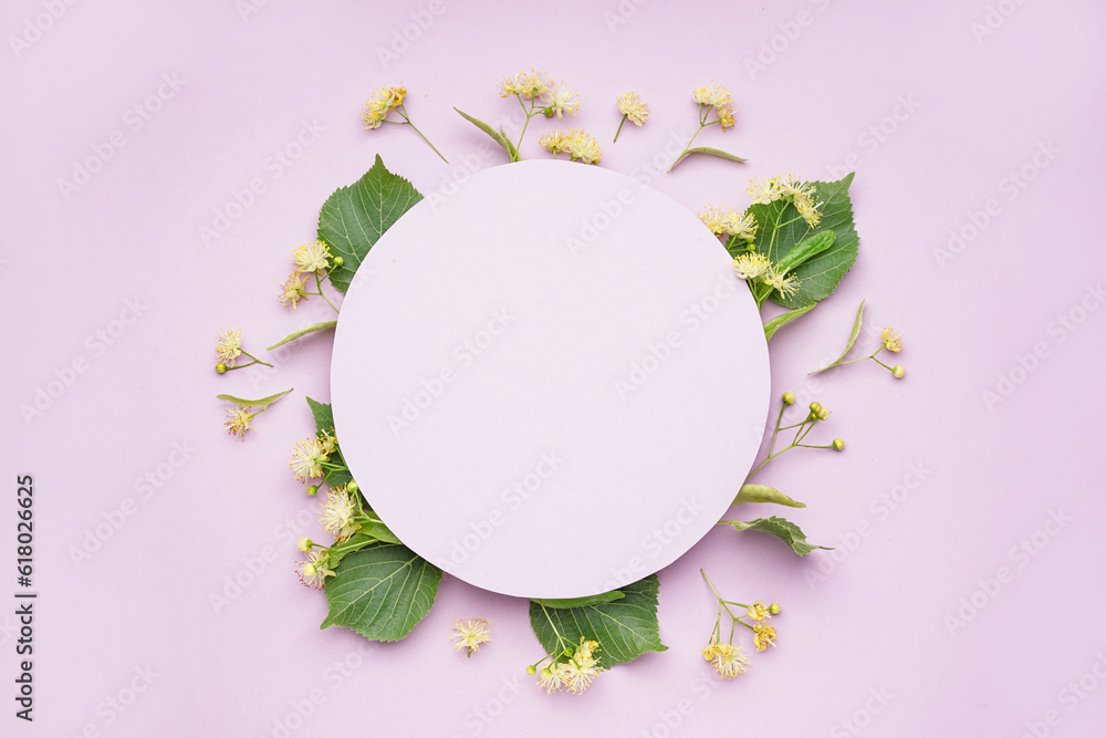 Composition with blank card and aromatic linden flowers on lilac background