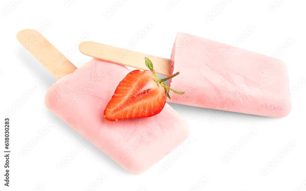 Sweet strawberry ice-cream popsicles on white background