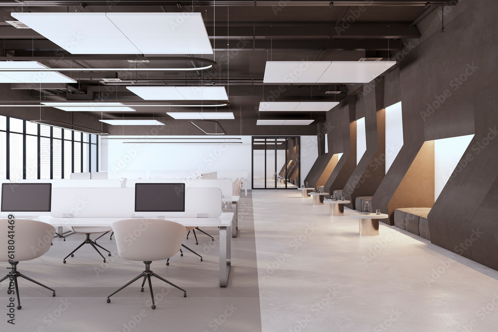 Contemporary coworking office interior with window and city view, equipment and furniture. 3D Render