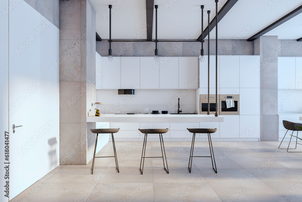 Luxury loft tile kitchen interior. 3D Rendering.