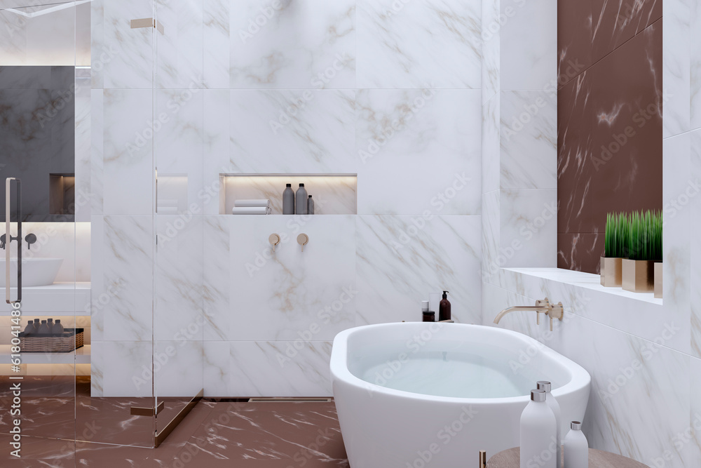 Clean marble glass bathroom interior. Hotel, luxury design concept. 3D Rendering.