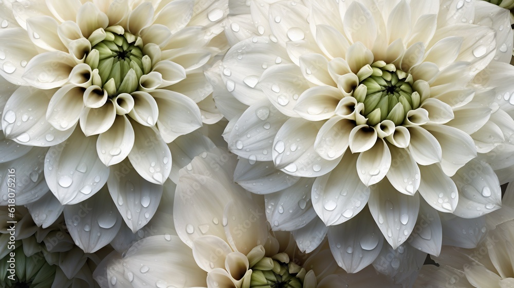 White Dahlia flowers with water drops background. Closeup of delicate blossom with glistening drople