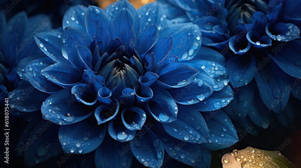 Blue Dahlia flowers with water drops background. Closeup of delicate blossom with glistening droplet