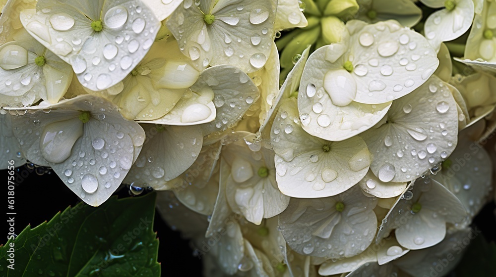 White Hydrangeas flowers with water drops background. Closeup of blossom with glistening droplets. G