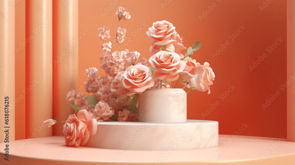 Podium with pink roses on pastel pink background to display products, gift or cosmetics. Generative 