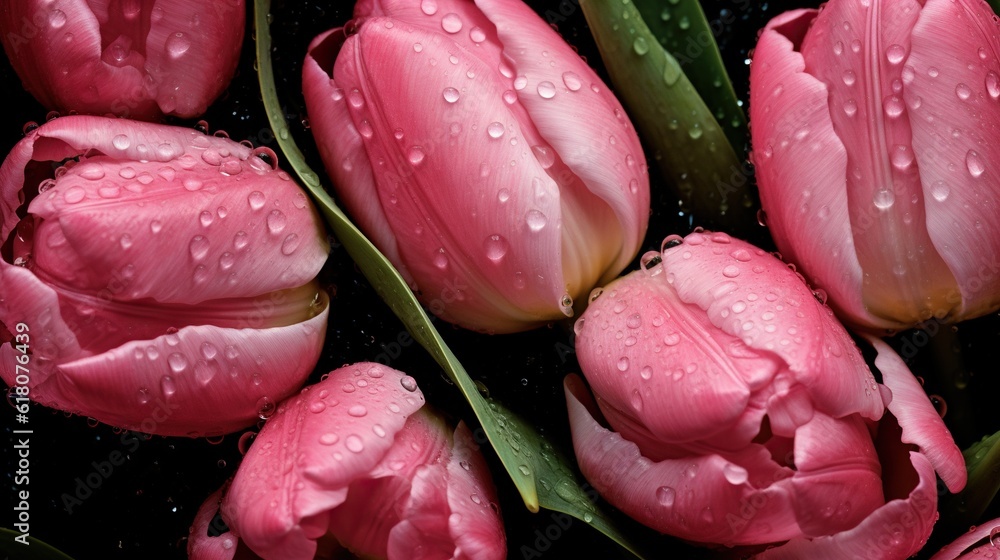 Pink Tulips flowers with water drops background. Closeup of blossom with glistening droplets. Genera