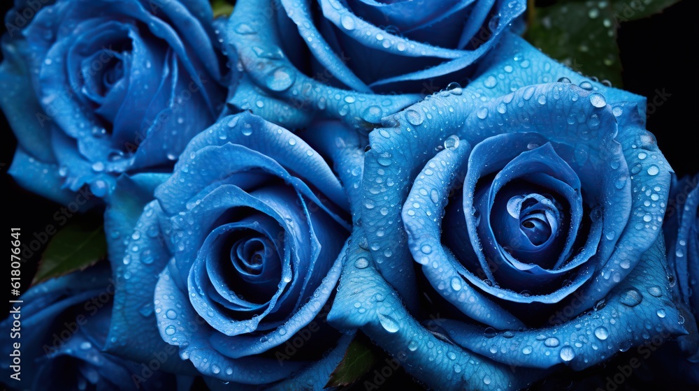 Blue Roses flowers with water drops background. Closeup of blossom with glistening droplets. Generat