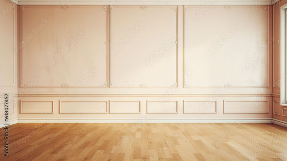 Beige wall empty apartment room with wooden floor. Copy space for product placement. Generative AI