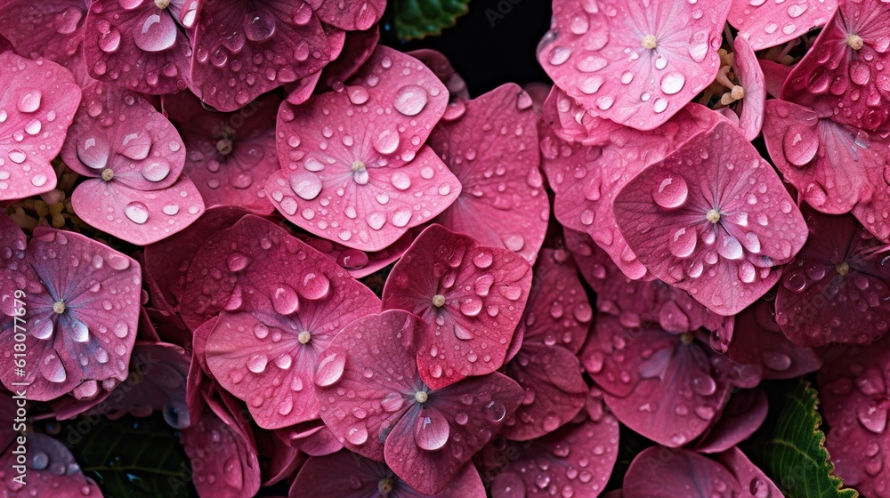 Pink Hydrangeas flowers with water drops background. Closeup of blossom with glistening droplets. Ge