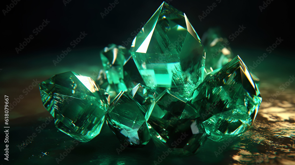 Amazing bright and shiny Emerald crystal cluster background. Jewel mineral detailed macro. Generativ