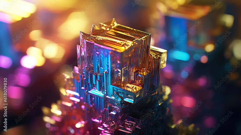 Amazing bright and shiny Bismuth crystal cluster background. Jewel mineral detailed macro. Generativ